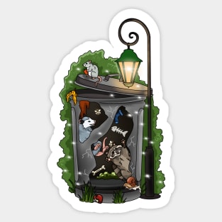 Opossum and raccoon in a trash can having fun Sticker